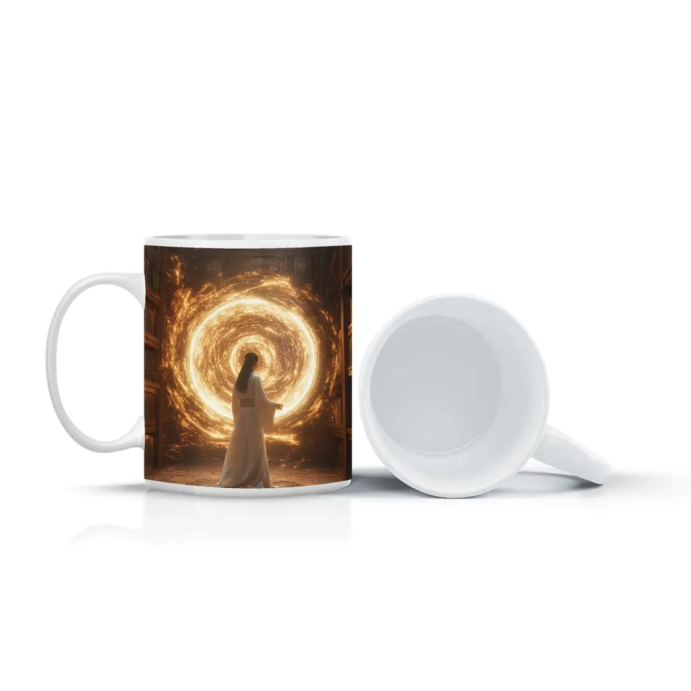 Robed Figure Golden Portal Ancient Library – Mugs