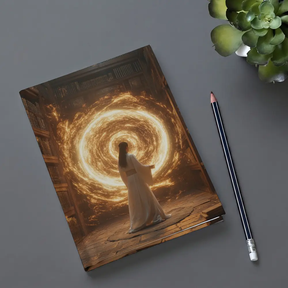 Robed Figure Golden Portal Ancient Library – Notebooks
