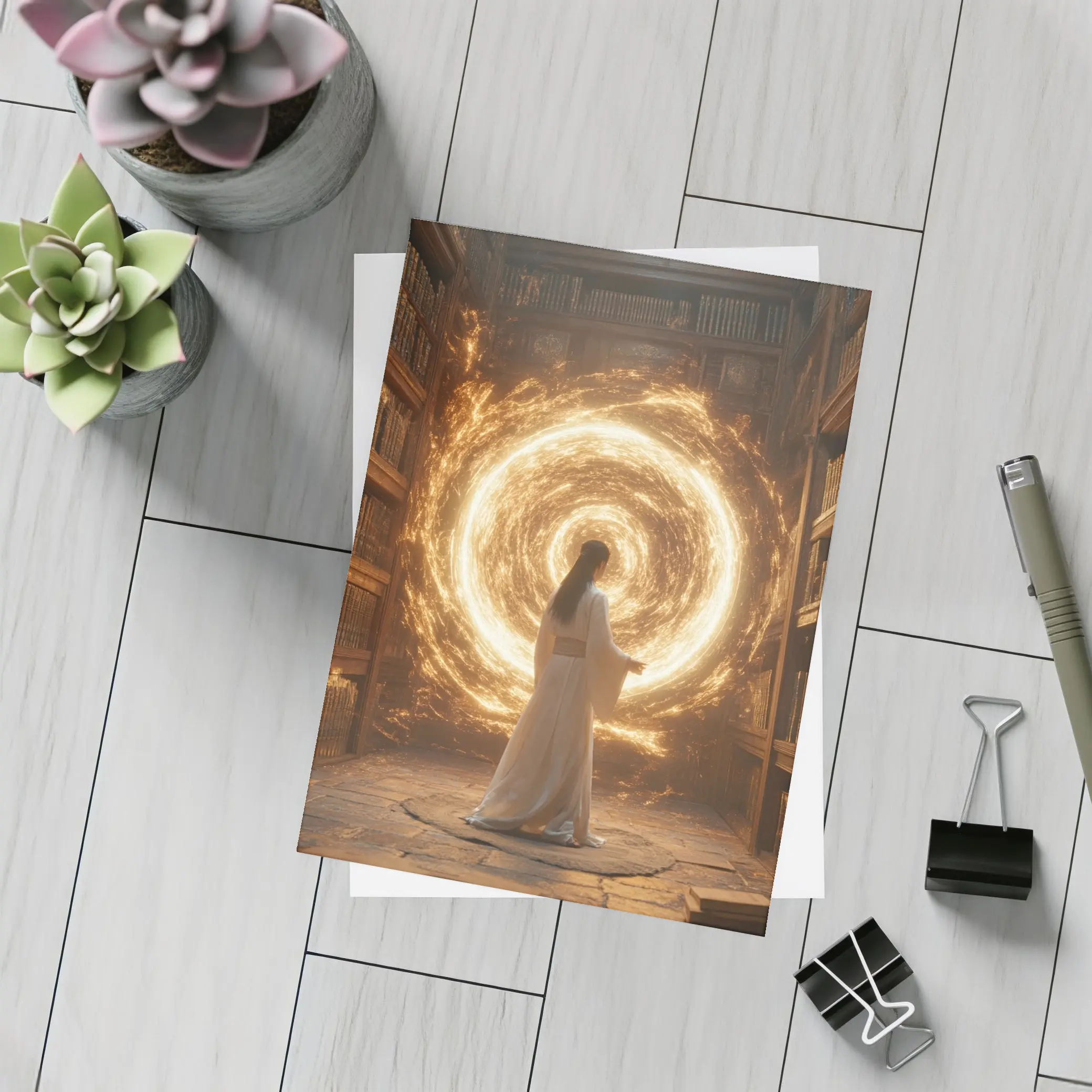 Robed Figure Golden Portal Ancient Library – Postcards