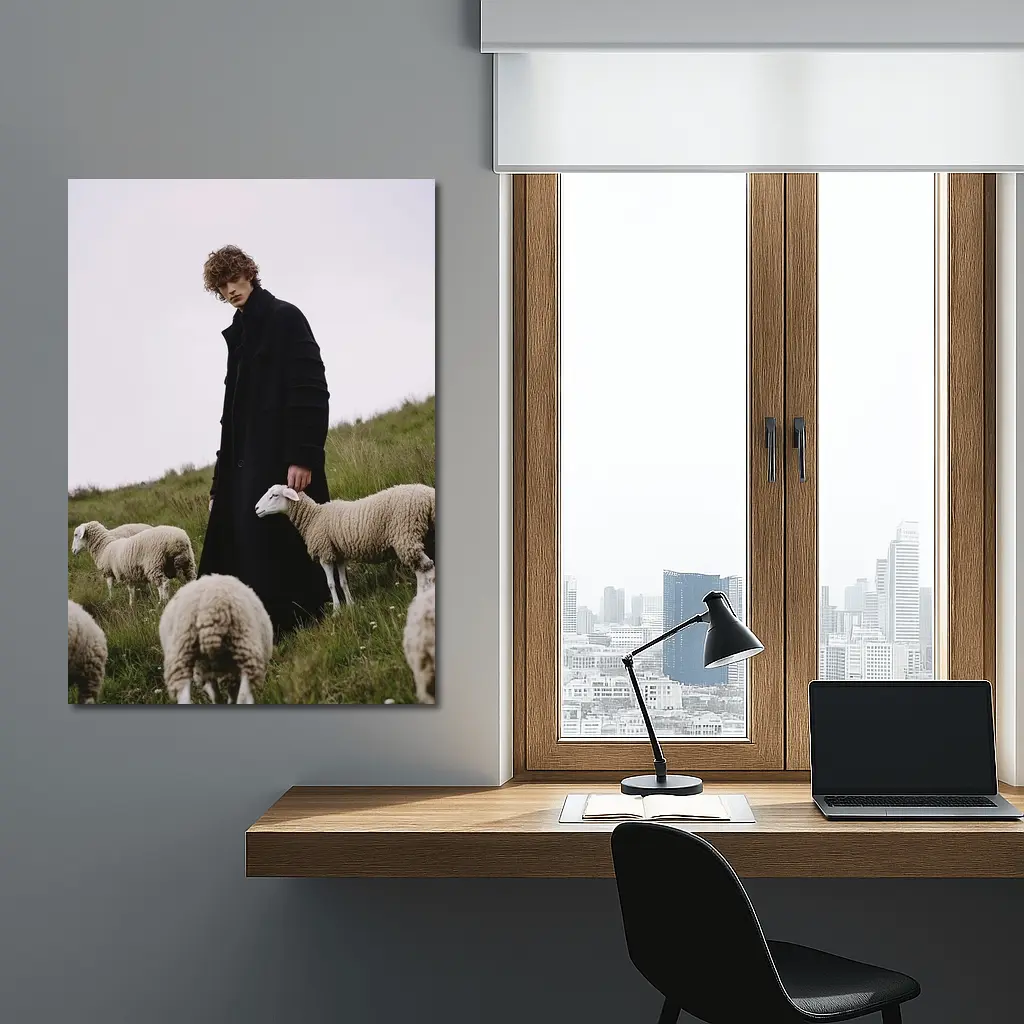 Young Man Black Coat Sheep Green Field – Wall Art