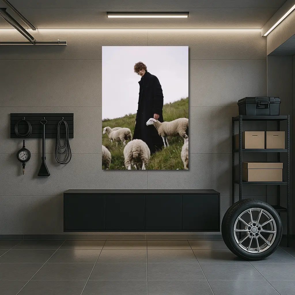 Young Man Black Coat Sheep Green Field – Wall Art
