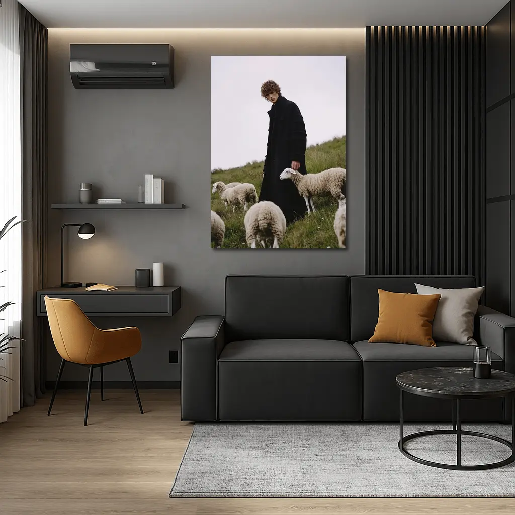 Young Man Black Coat Sheep Green Field – Wall Art