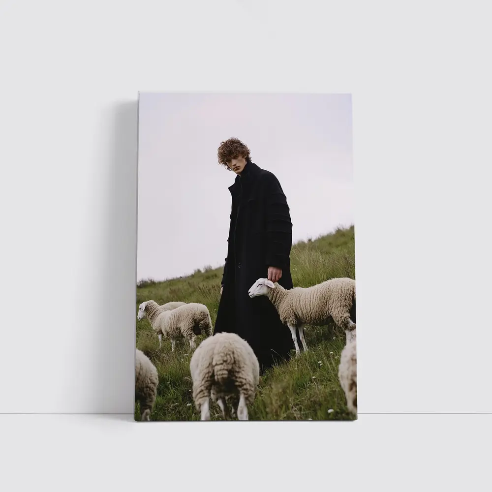 Young Man Black Coat Sheep Green Field – Wall Art