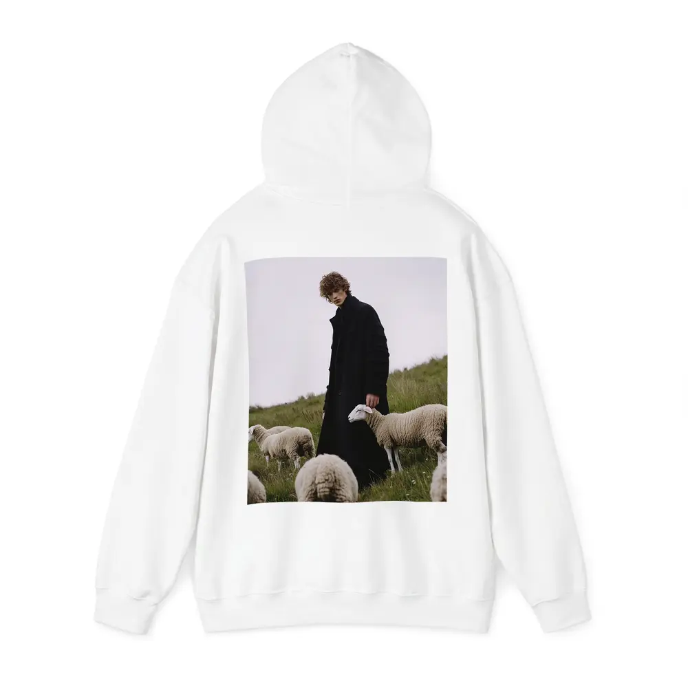 Young Man Black Coat Sheep Green Field – Hoodies