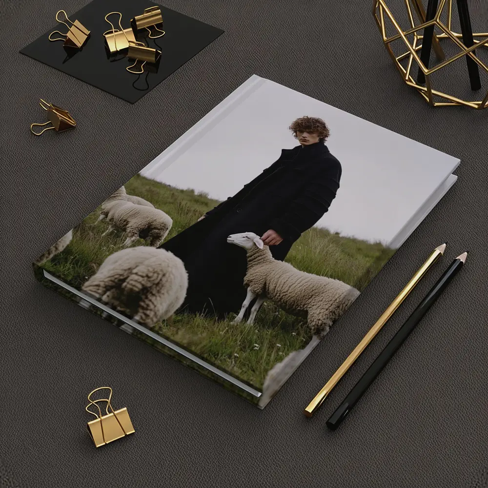 Young Man Black Coat Sheep Green Field – Notebooks