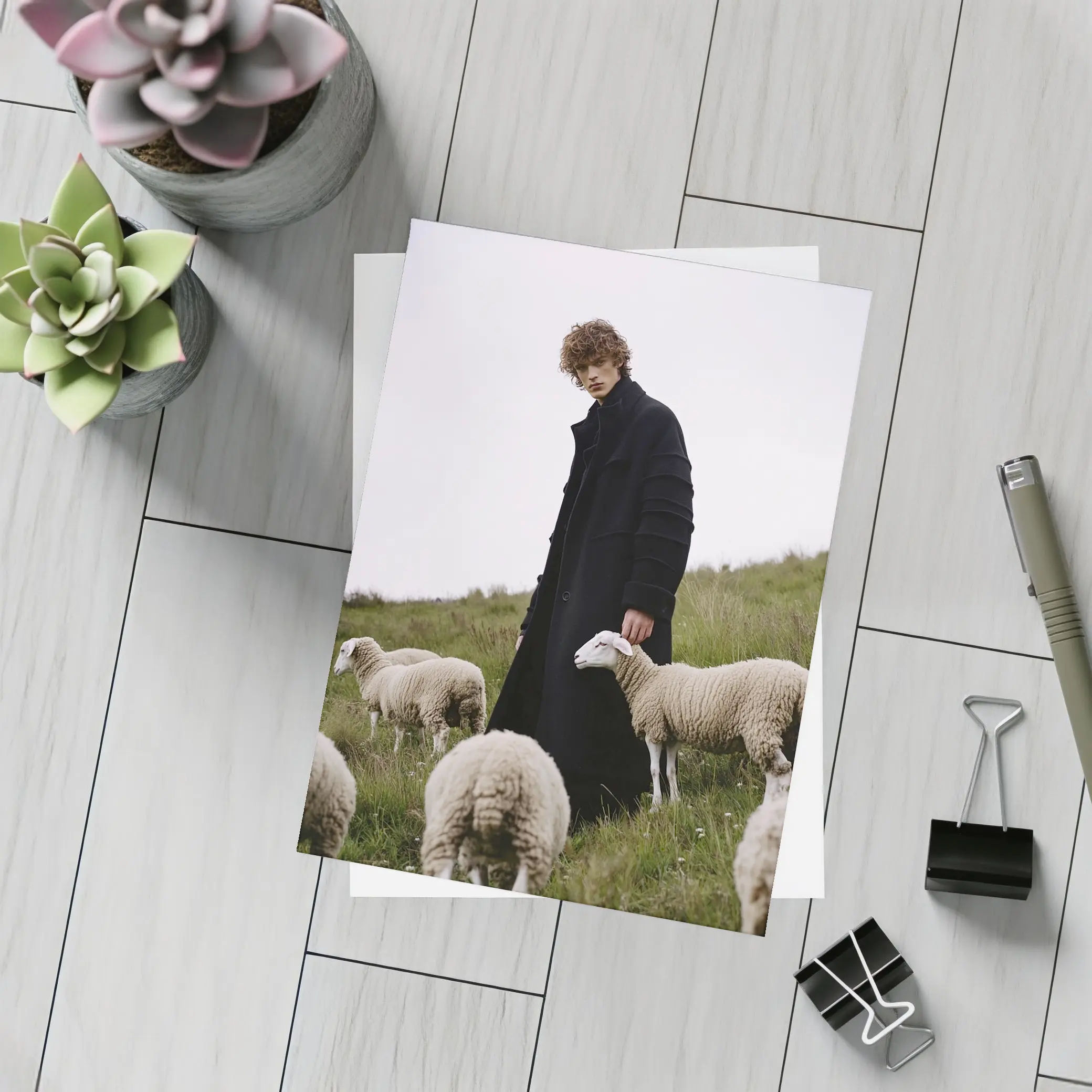 Young Man Black Coat Sheep Green Field – Postcards