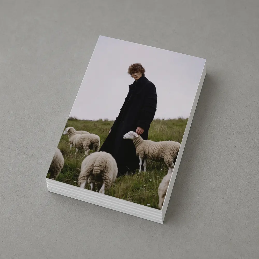 Young Man Black Coat Sheep Green Field – Postcards