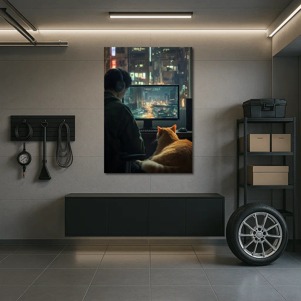 Gamer With Cat Neon City Night – Wall Art
