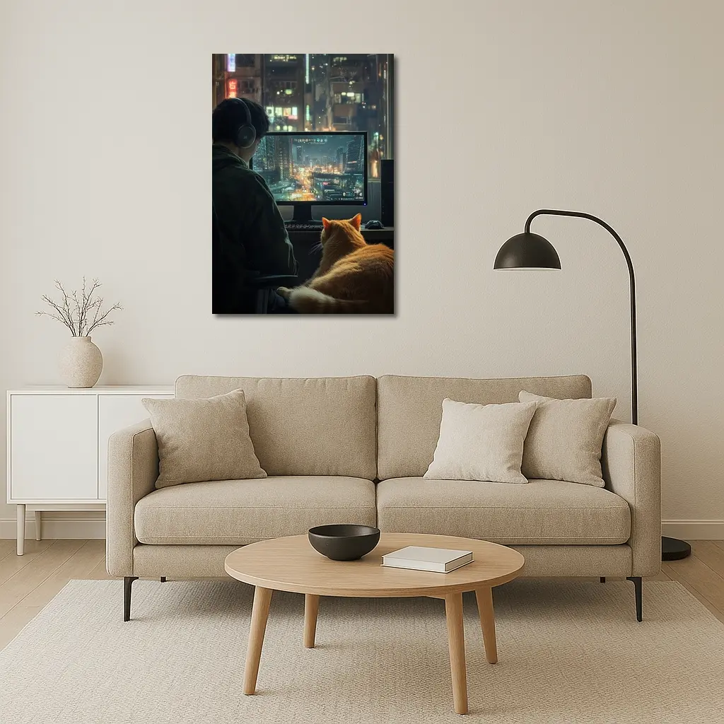 Gamer With Cat Neon City Night – Wall Art