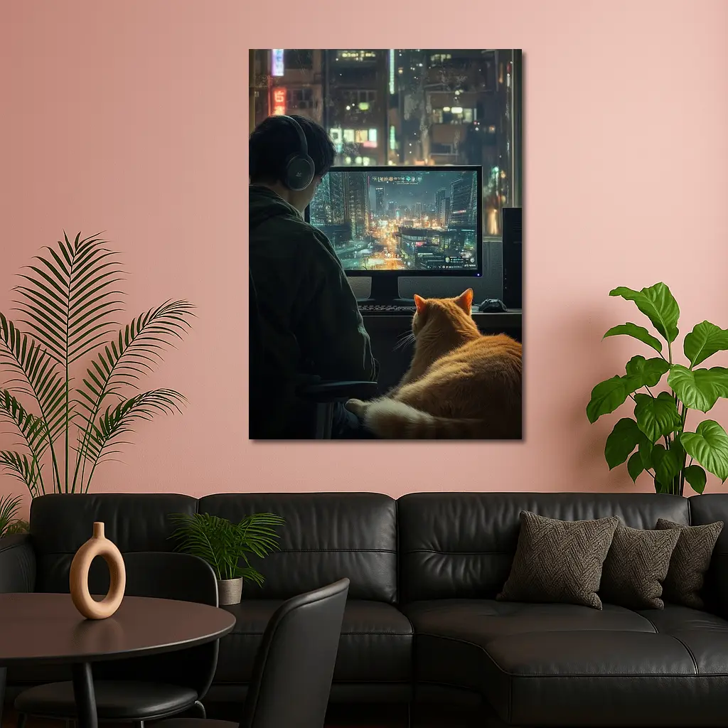 Gamer With Cat Neon City Night – Wall Art