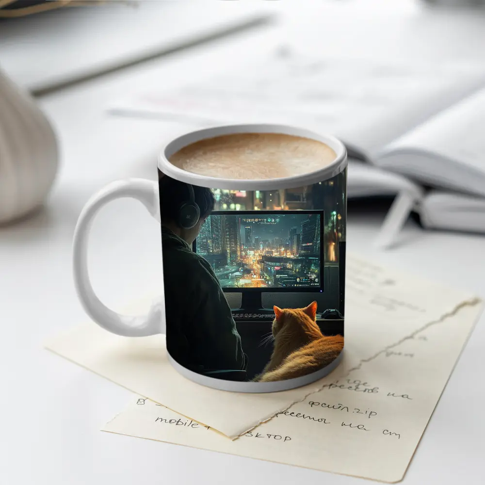Gamer With Cat Neon City Night – Mugs