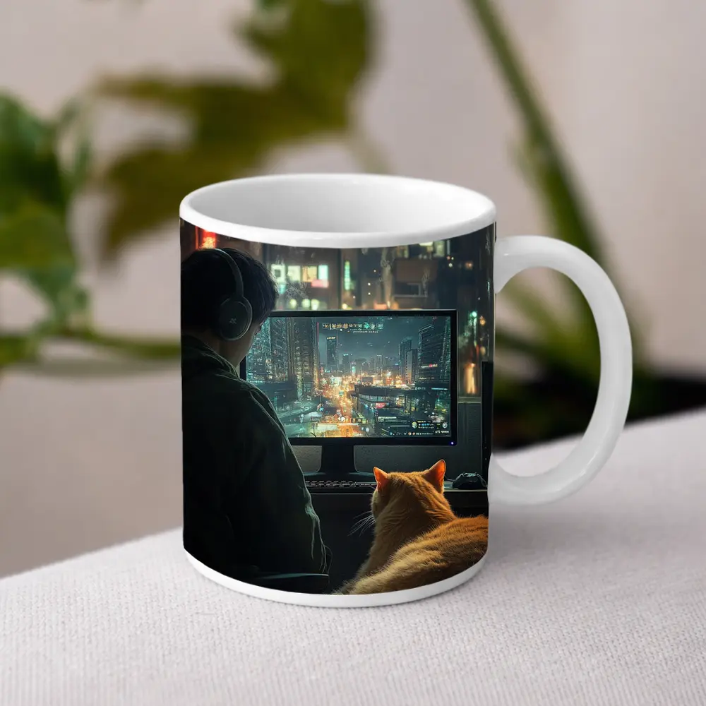 Gamer With Cat Neon City Night – Mugs