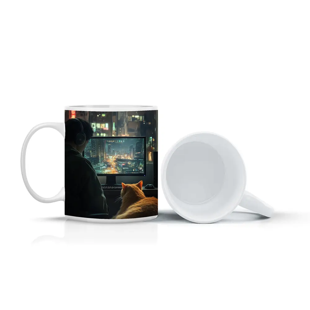 Gamer With Cat Neon City Night – Mugs