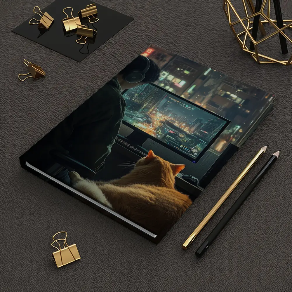 Gamer With Cat Neon City Night – Notebooks