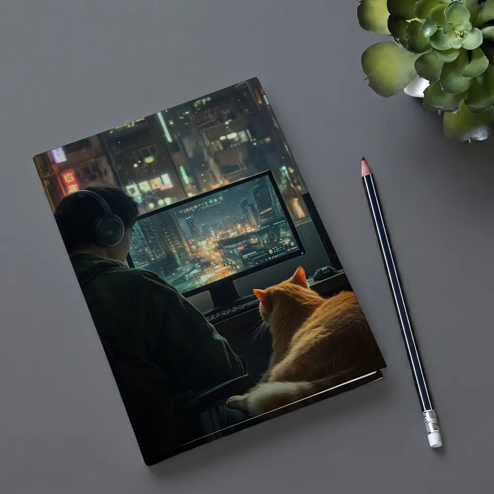 Gamer With Cat Neon City Night – Notebooks