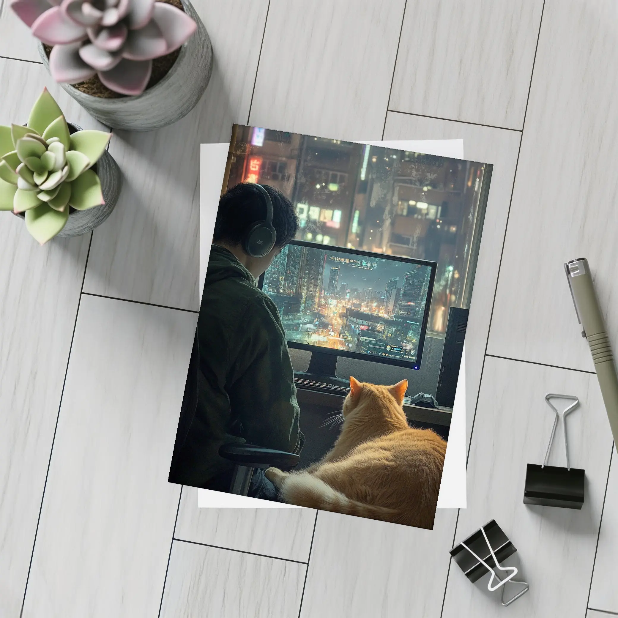 Gamer With Cat Neon City Night – Postcards