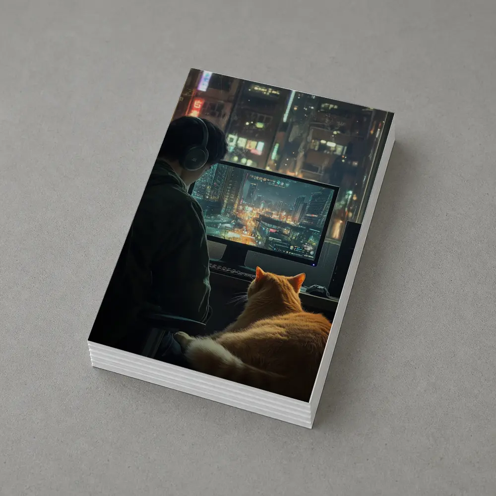 Gamer With Cat Neon City Night – Postcards