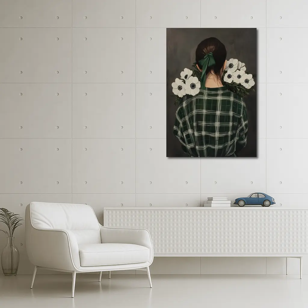 Woman Back View Anemones Green Plaid Shirt – Wall Art
