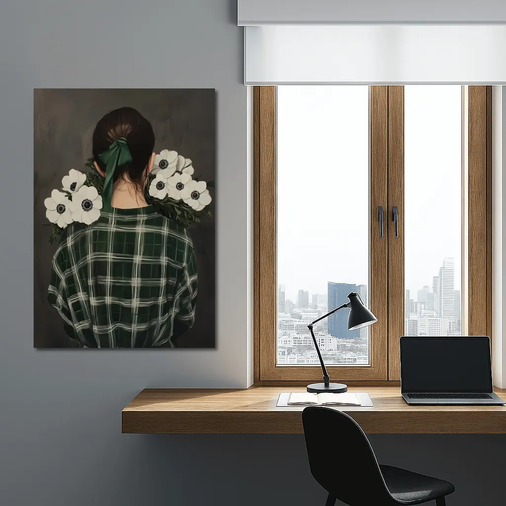 Woman Back View Anemones Green Plaid Shirt – Wall Art