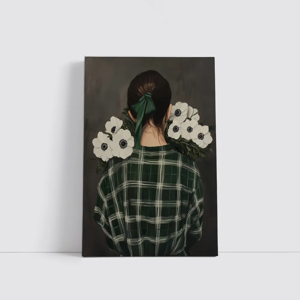 Woman Back View Anemones Green Plaid Shirt – Wall Art