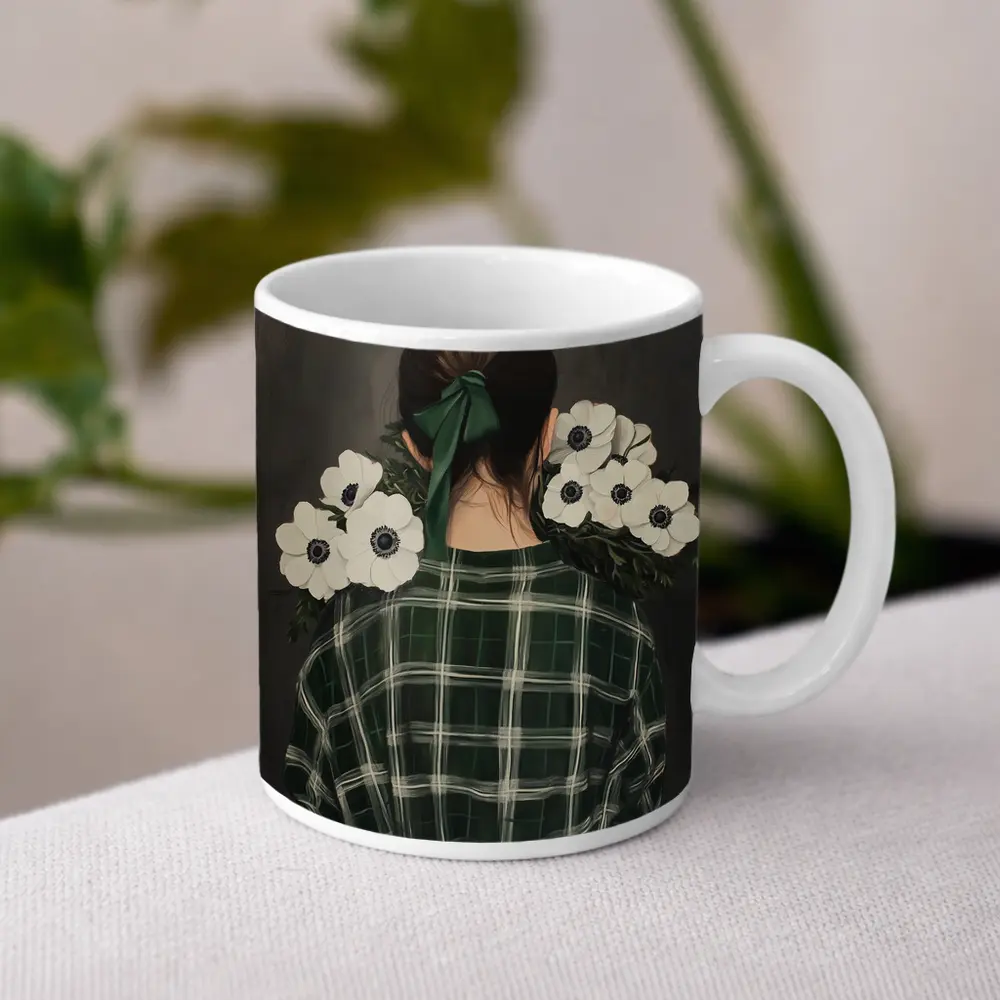 Woman Back View Anemones Green Plaid Shirt – Mugs