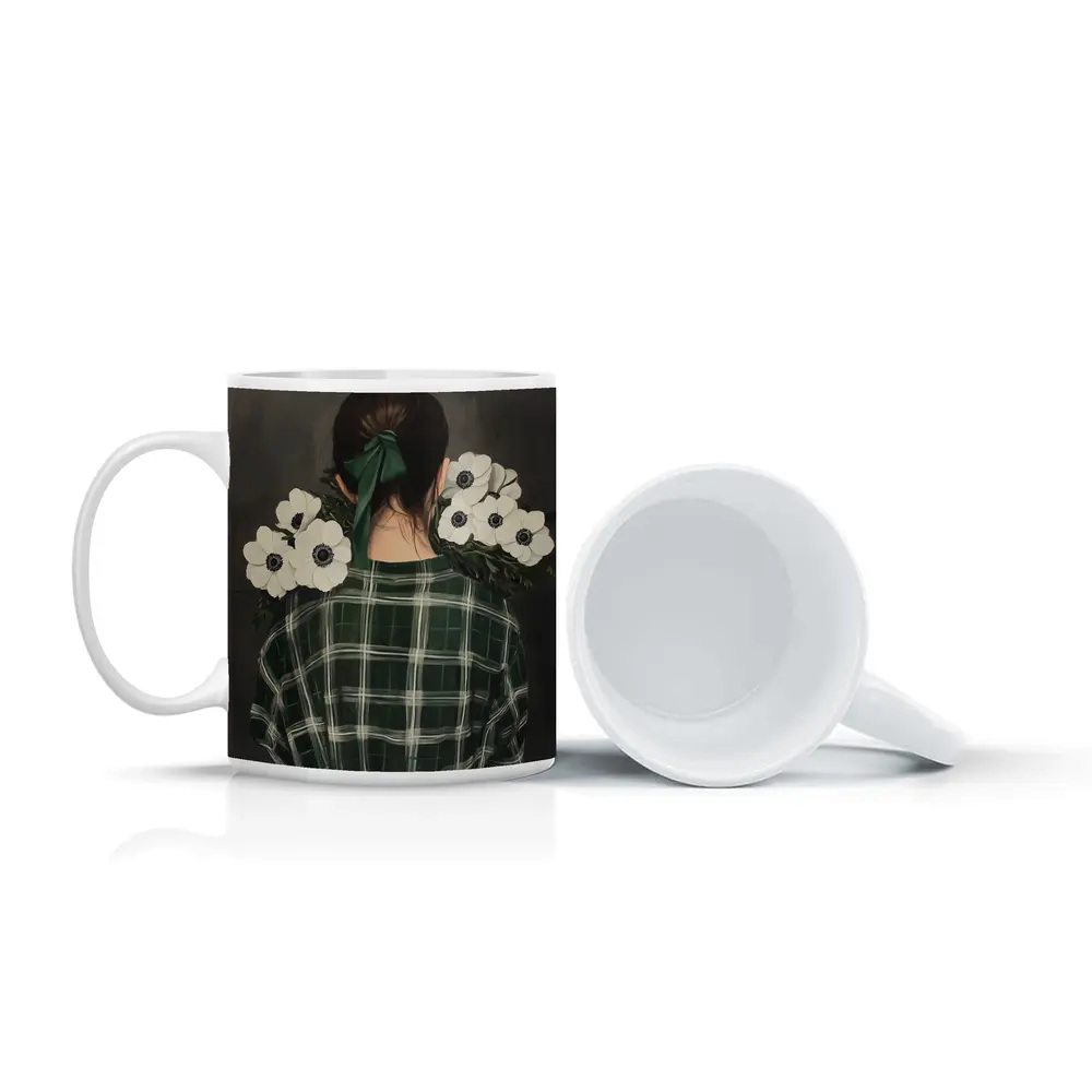Woman Back View Anemones Green Plaid Shirt – Mugs