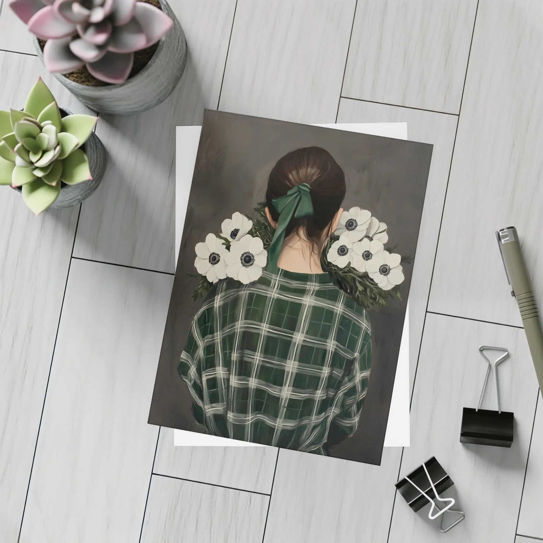 Woman Back View Anemones Green Plaid Shirt – Postcards