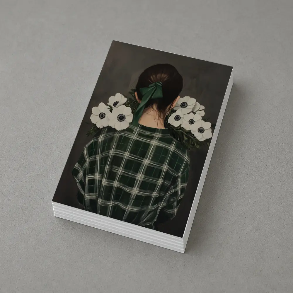 Woman Back View Anemones Green Plaid Shirt – Postcards