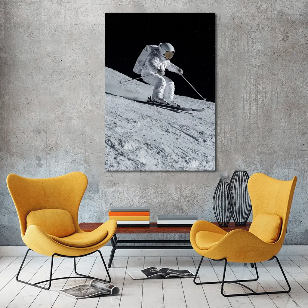 Astronaut Skiing On Moon Starry Night – Wall Art