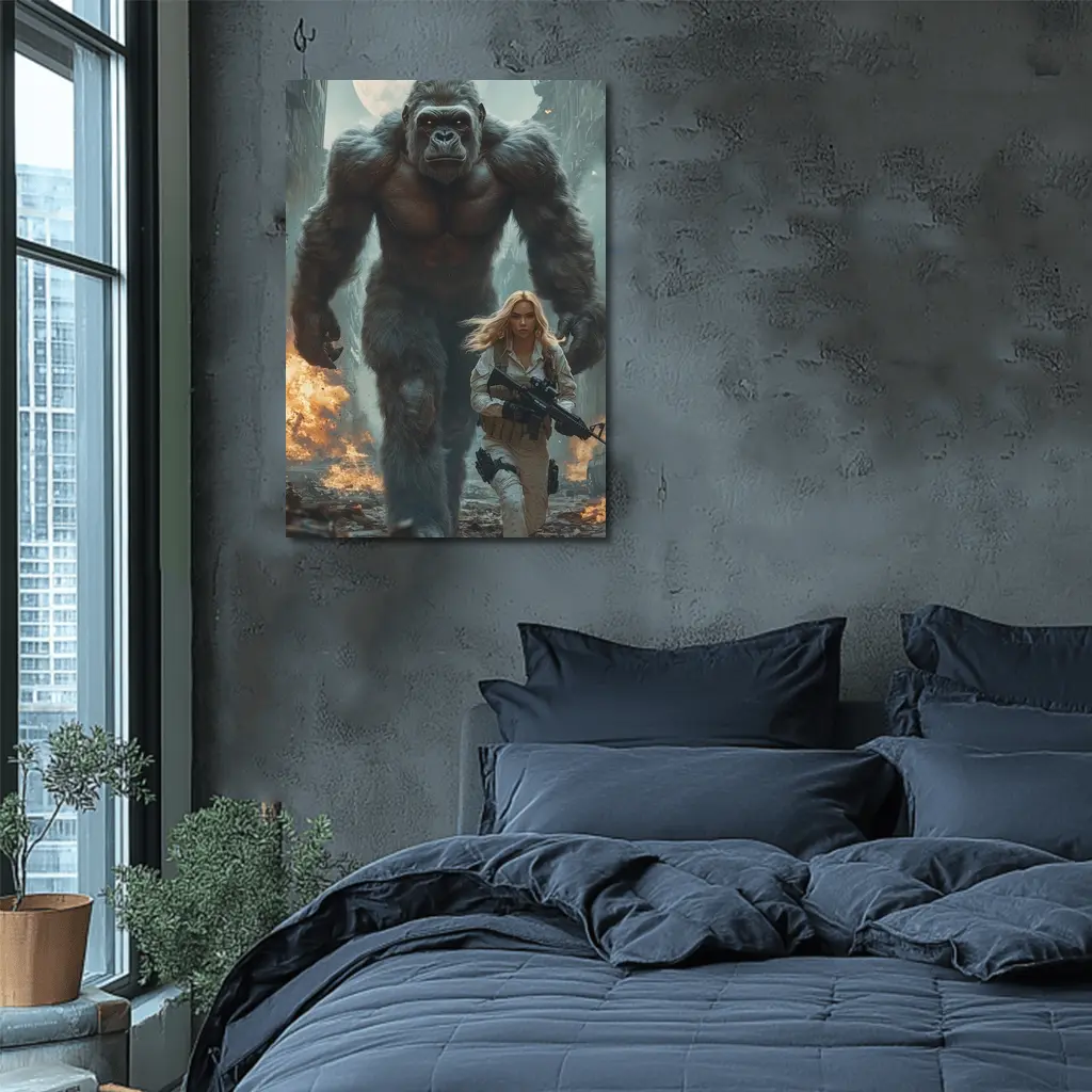Giant Gorilla Woman Soldier Destroyed City – Wall Art