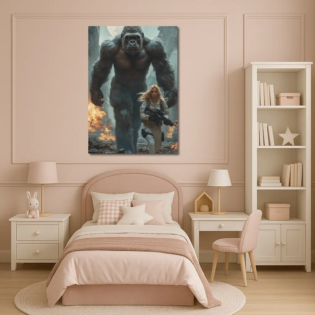Giant Gorilla Woman Soldier Destroyed City – Wall Art