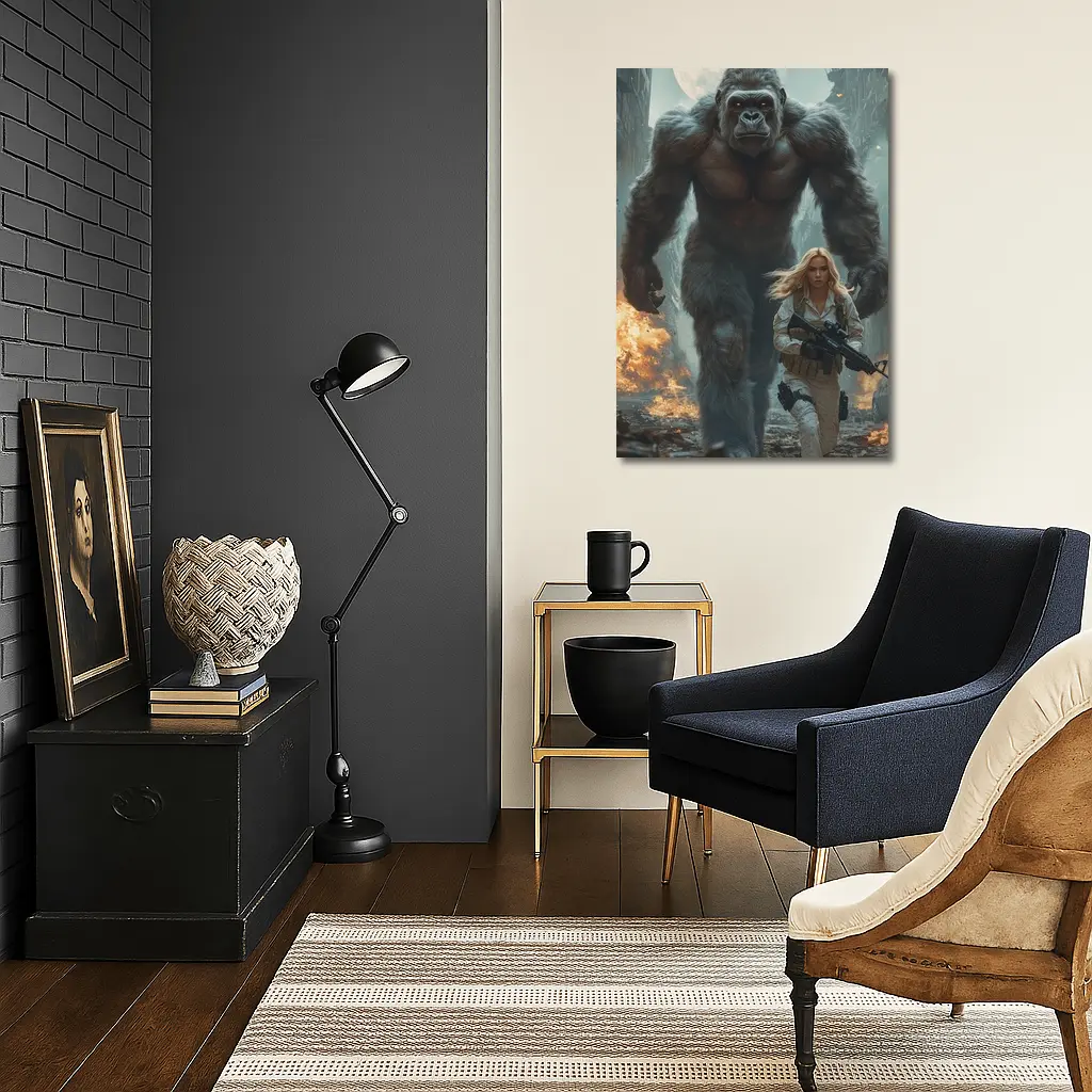 Giant Gorilla Woman Soldier Destroyed City – Wall Art