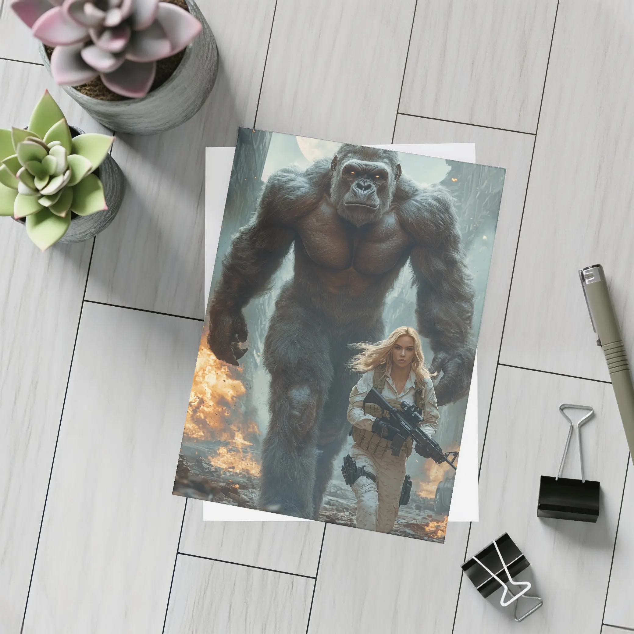 Giant Gorilla Woman Soldier Destroyed City – Postcards