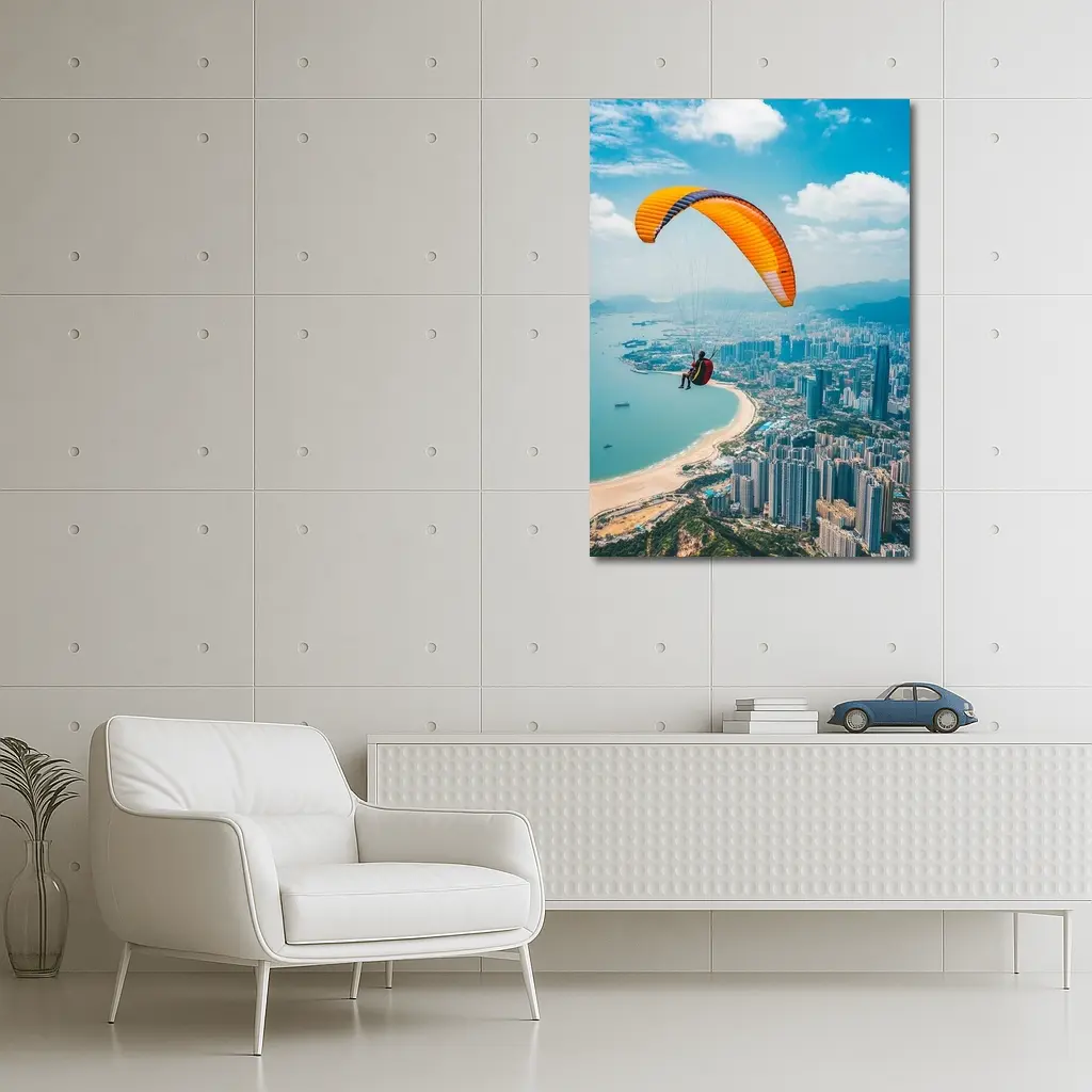 Paraglider Soaring Over Coastal City Skyline – Wall Art