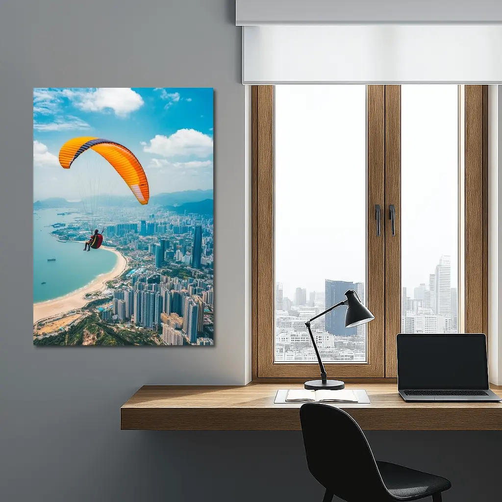 Paraglider Soaring Over Coastal City Skyline – Wall Art
