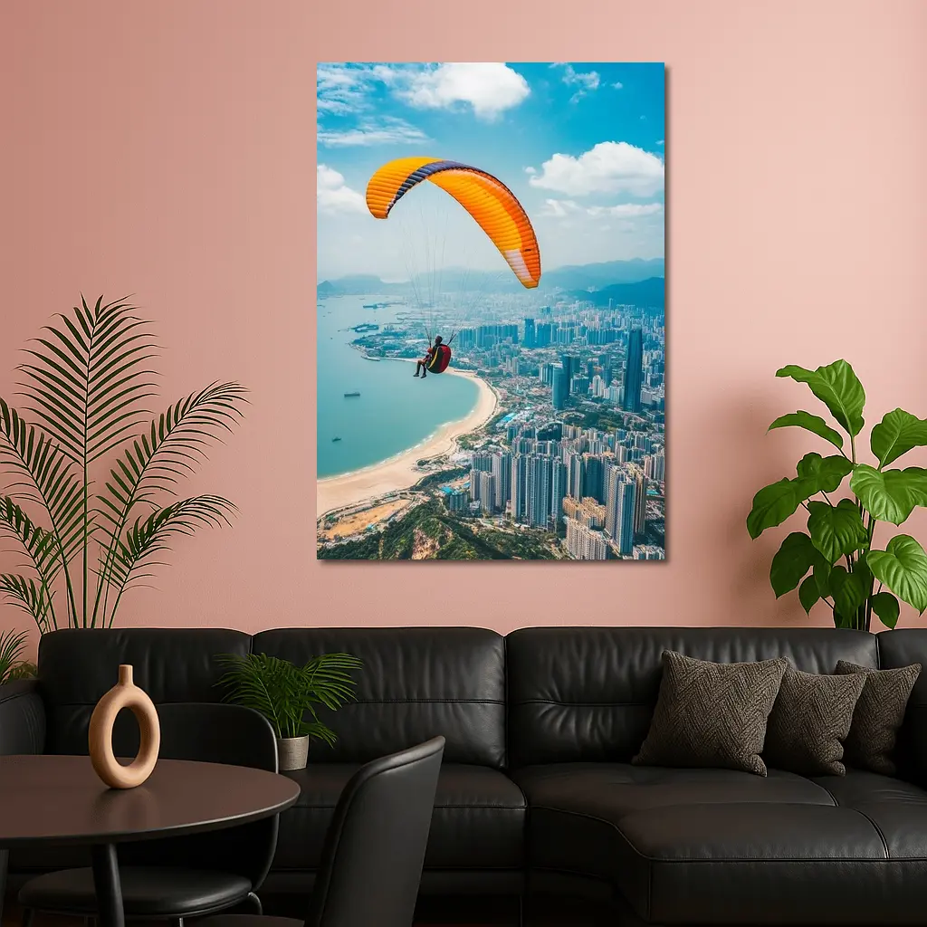 Paraglider Soaring Over Coastal City Skyline – Wall Art