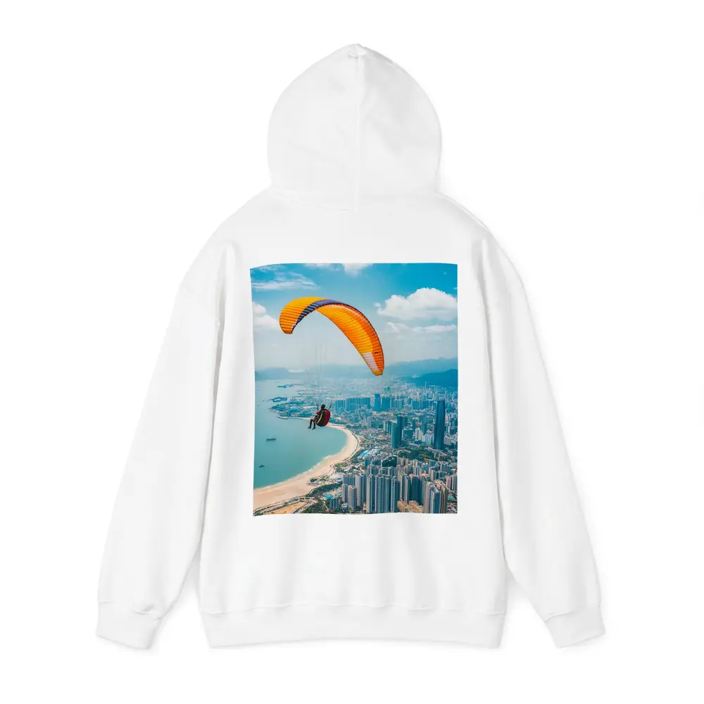 Paraglider Soaring Over Coastal City Skyline – Hoodies