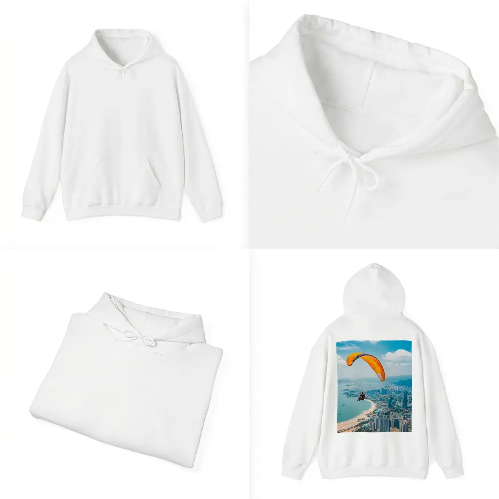 Paraglider Soaring Over Coastal City Skyline – Hoodies