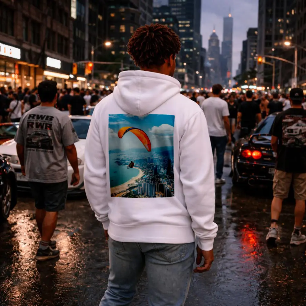 Paraglider Soaring Over Coastal City Skyline – Hoodies