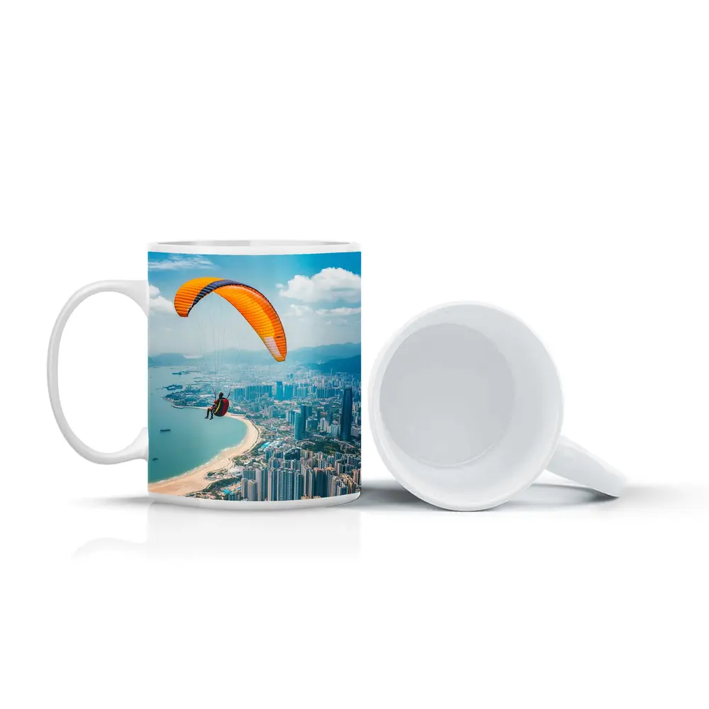 Paraglider Soaring Over Coastal City Skyline – Mugs