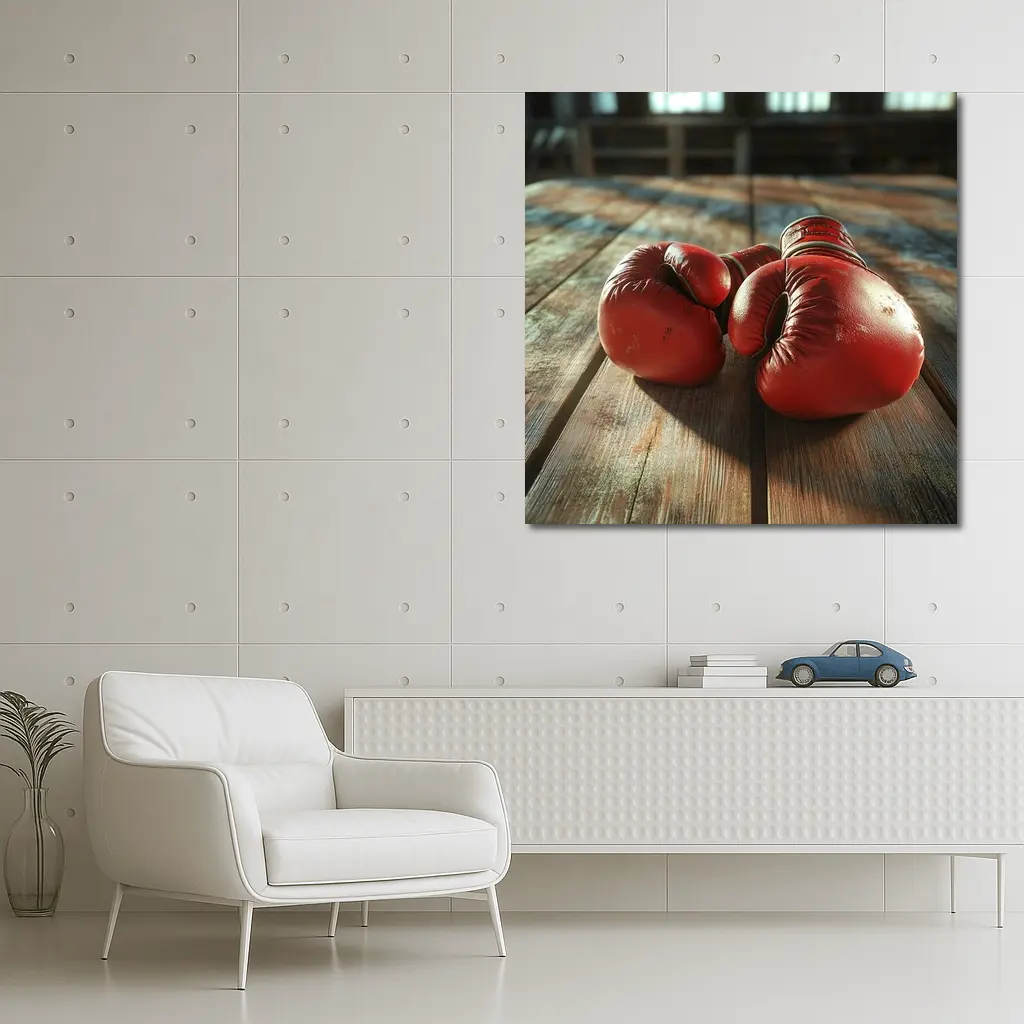 Red Boxing Gloves On Rustic Wooden Table – Wall Art