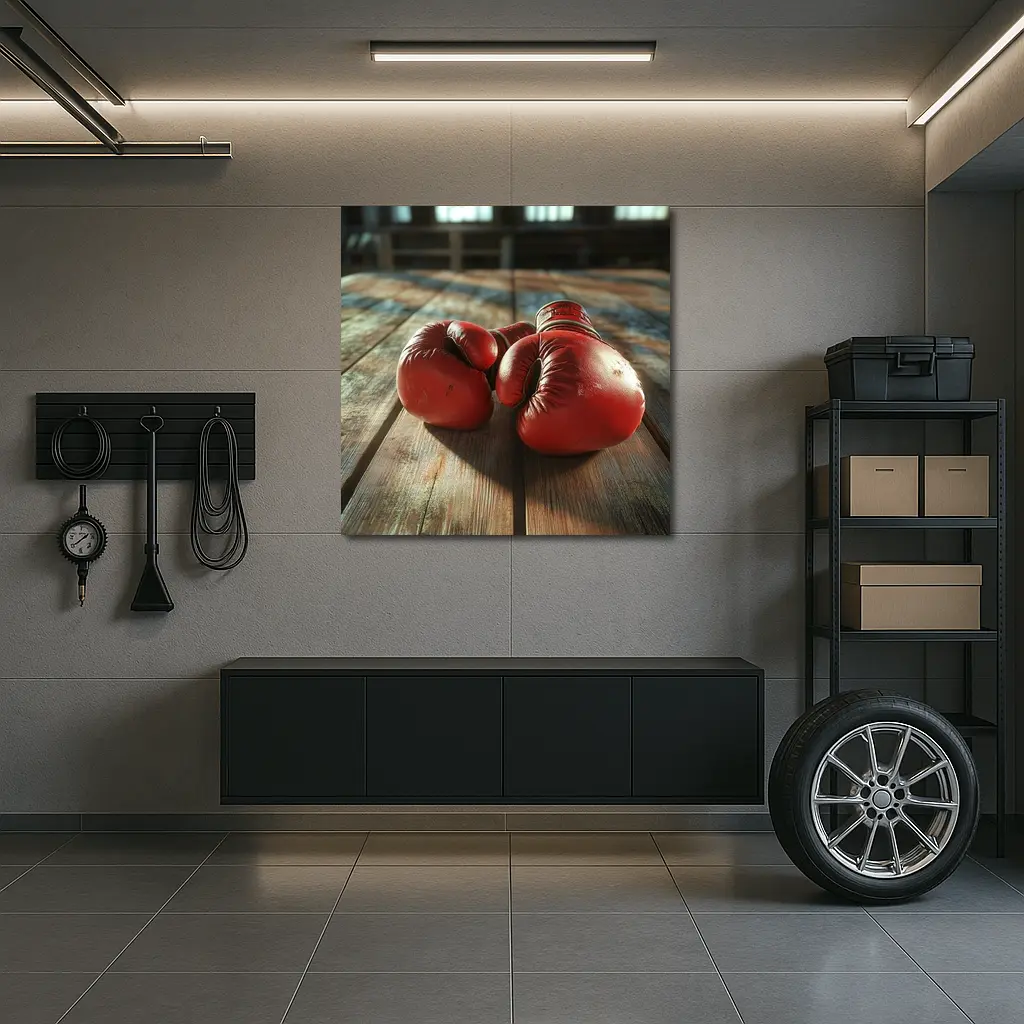 Red Boxing Gloves On Rustic Wooden Table – Wall Art