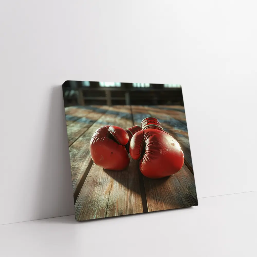 Red Boxing Gloves On Rustic Wooden Table – Wall Art