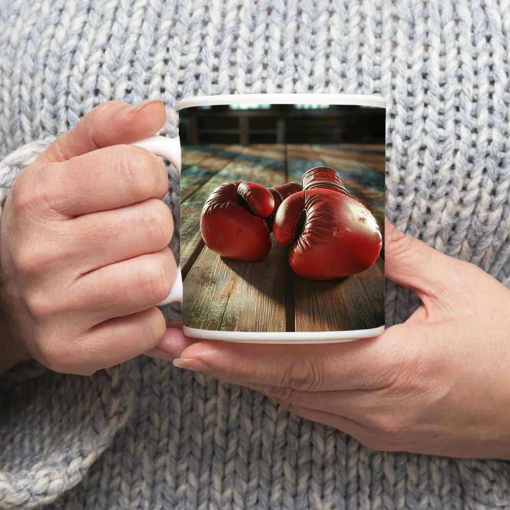 Red Boxing Gloves On Rustic Wooden Table – Mugs