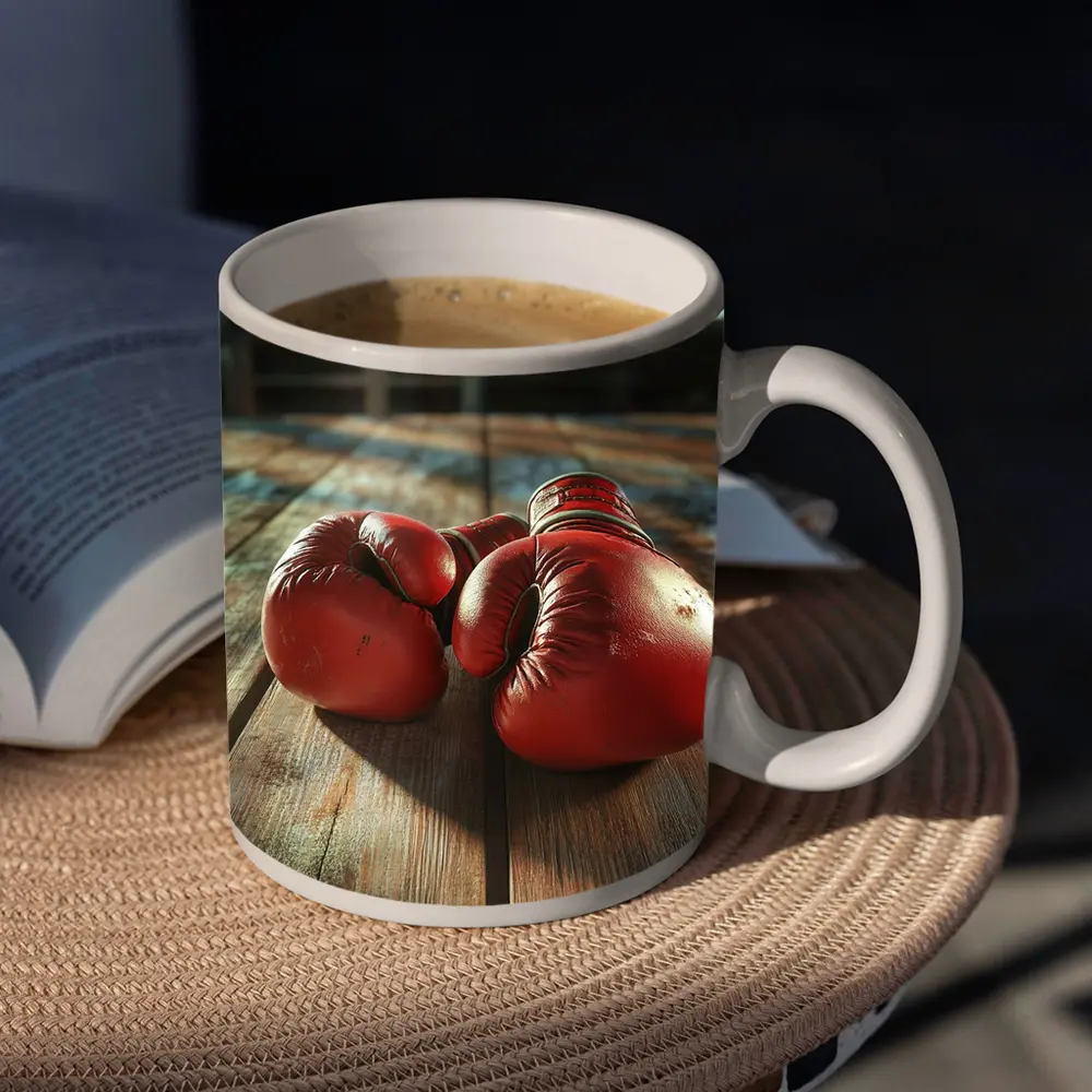 Red Boxing Gloves On Rustic Wooden Table – Mugs