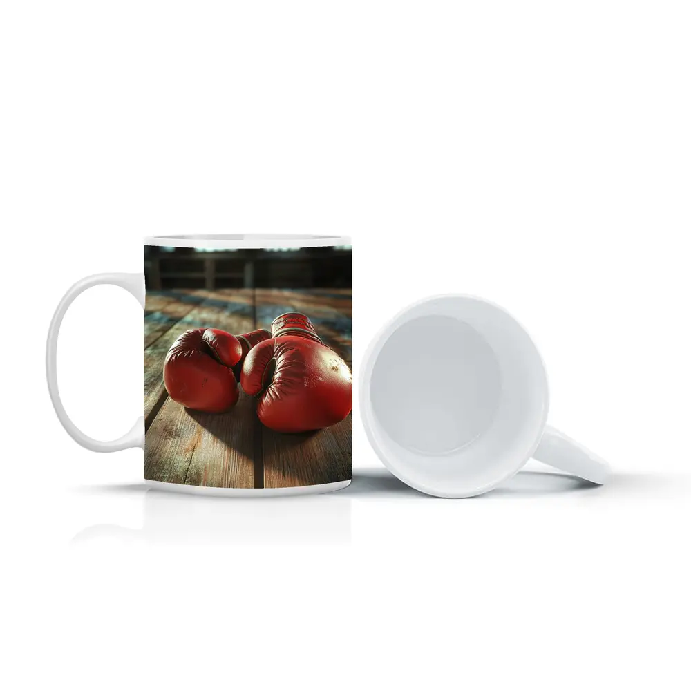 Red Boxing Gloves On Rustic Wooden Table – Mugs