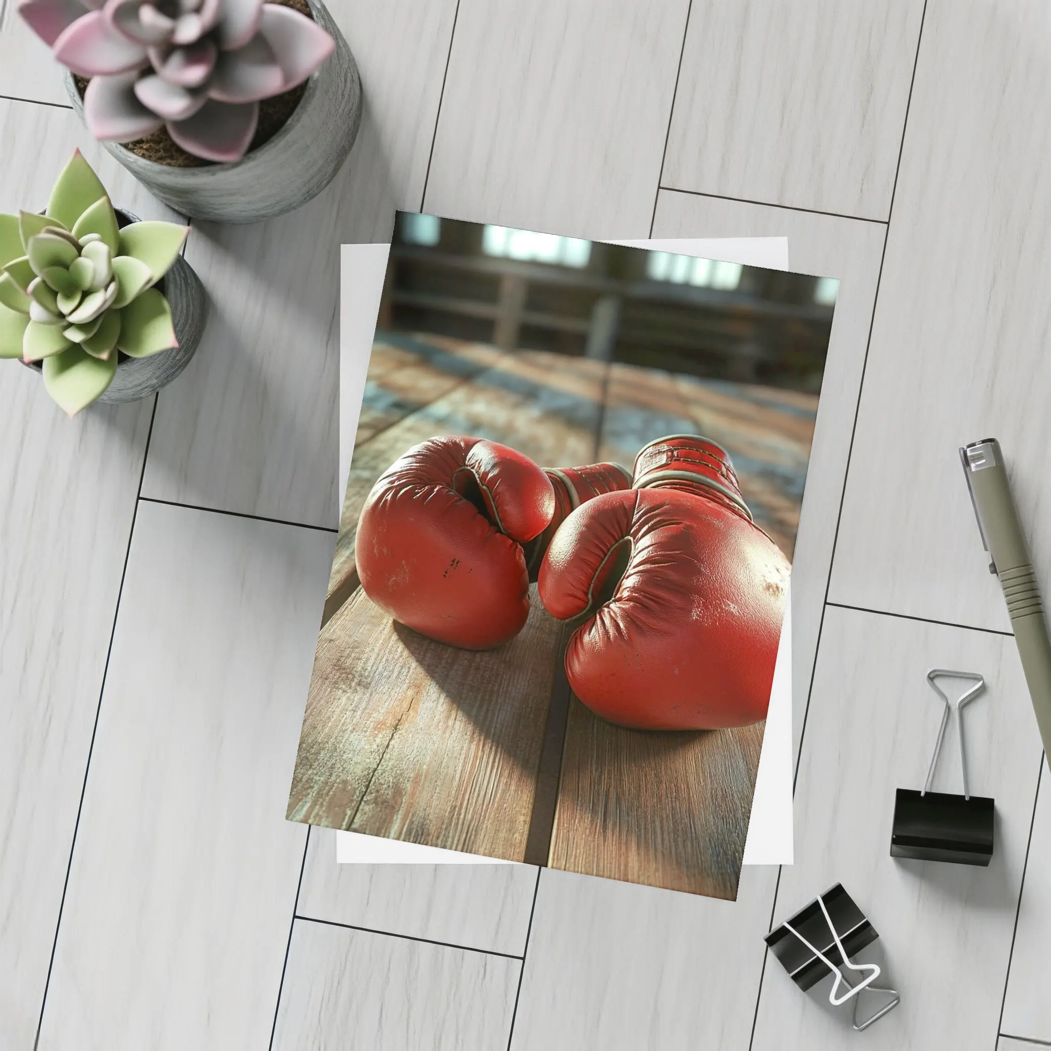 Red Boxing Gloves On Rustic Wooden Table – Postcards