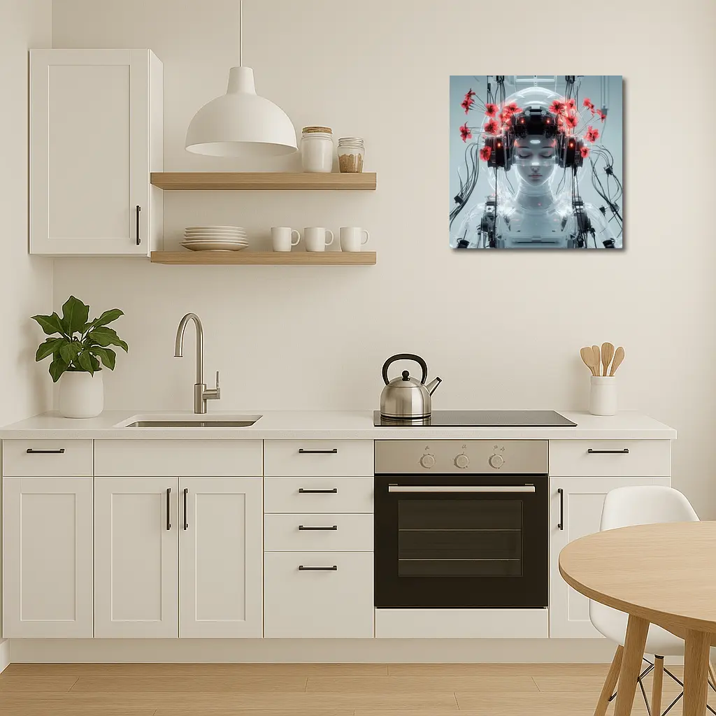Cyberpunk Robot Woman Red Poppies White – Wall Art