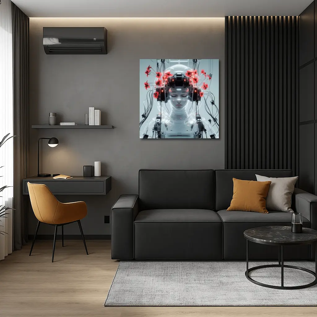 Cyberpunk Robot Woman Red Poppies White – Wall Art