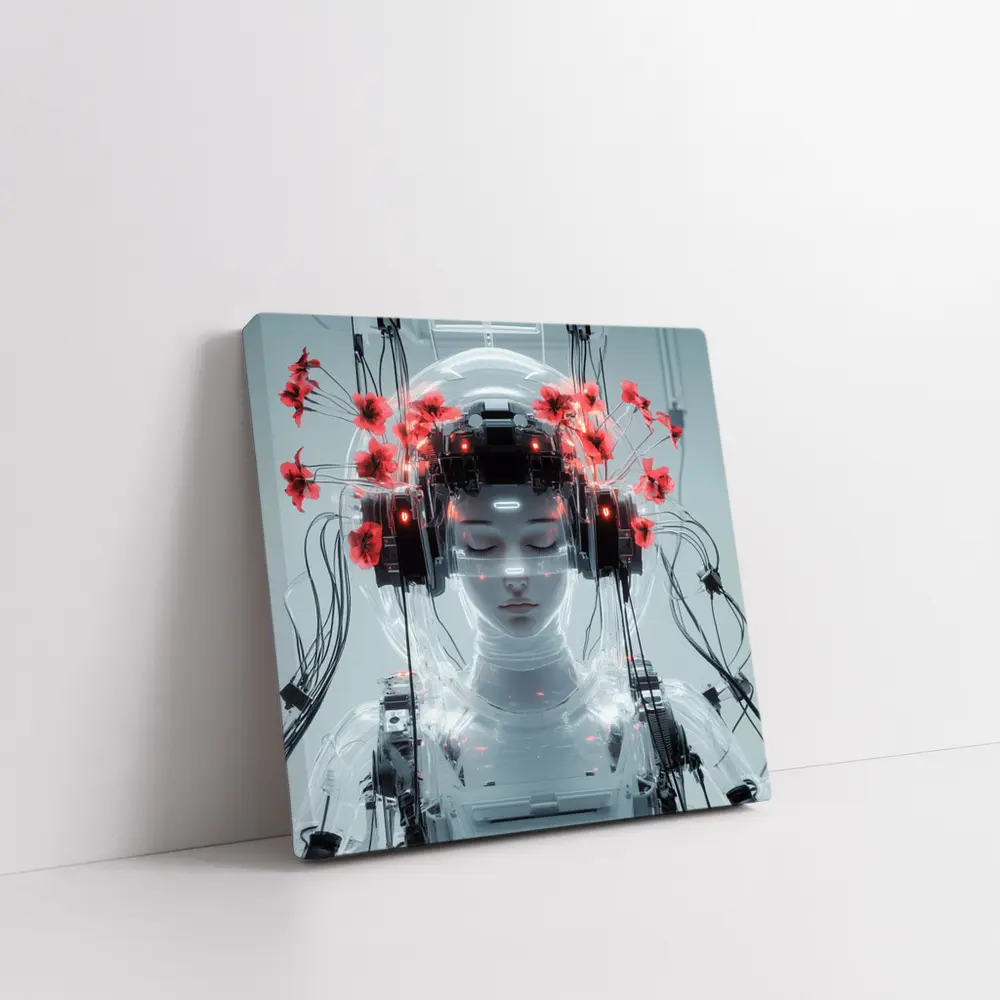 Cyberpunk Robot Woman Red Poppies White – Wall Art
